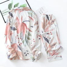 Load image into Gallery viewer, Women Long Sleeve Nightwear Autumn 100% Cotton Knitted Pajama Set Turn-Down Collar Leaves Printing Pajamas Loungewear Sleepwear