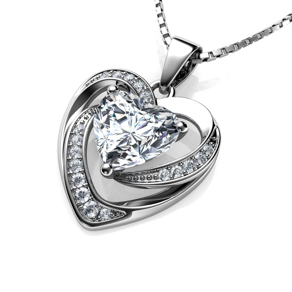 White Heart Necklace - 925 Sterling Silver Pendant CZ Crystal