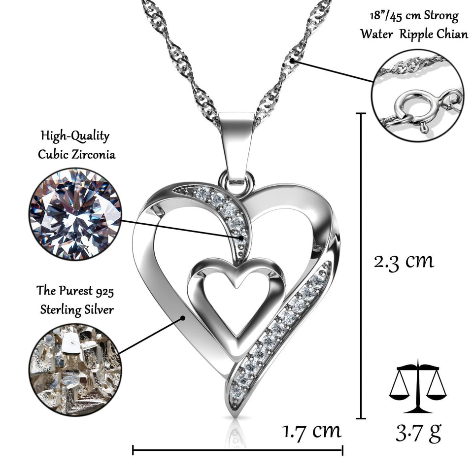 Double Heart Necklace - 925 Sterling Silver Jewellery Pendant