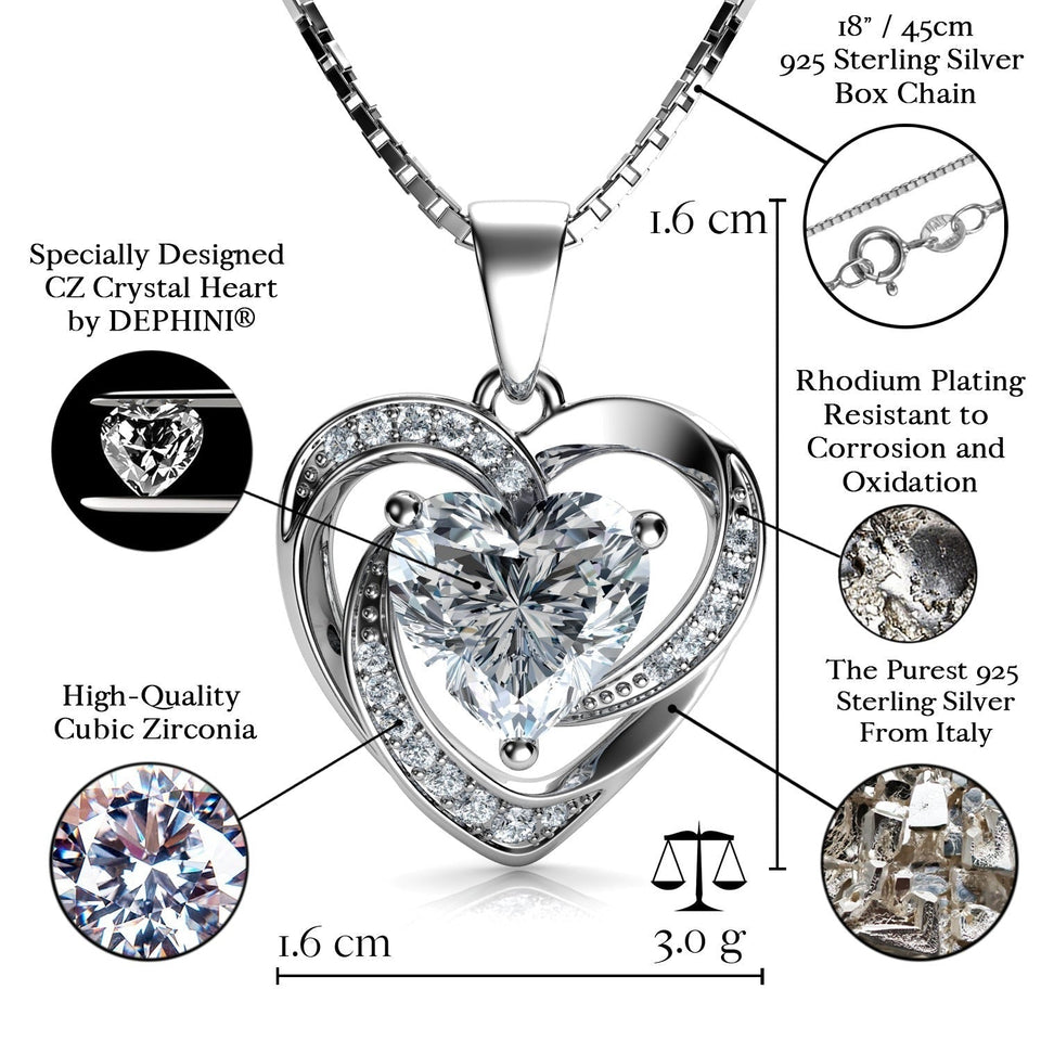 White Heart Necklace - 925 Sterling Silver Pendant CZ Crystal