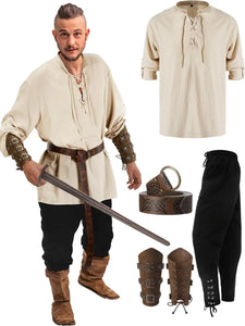 Jiuguva 4 Pcs Halloween Men's Renaissance Costume Set Medieval Pirate Shirt Ankle Banded Pants Viking Belt Accessories