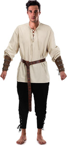 Jiuguva 4 Pcs Halloween Men's Renaissance Costume Set Medieval Pirate Shirt Ankle Banded Pants Viking Belt Accessories