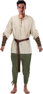 Jiuguva 4 Pcs Halloween Men's Renaissance Costume Set Medieval Pirate Shirt Ankle Banded Pants Viking Belt Accessories