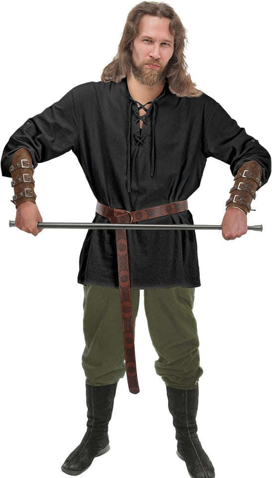 Jiuguva 4 Pcs Halloween Men's Renaissance Costume Set Medieval Pirate Shirt Ankle Banded Pants Viking Belt Accessories