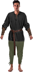 Jiuguva 4 Pcs Halloween Men's Renaissance Costume Set Medieval Pirate Shirt Ankle Banded Pants Viking Belt Accessories