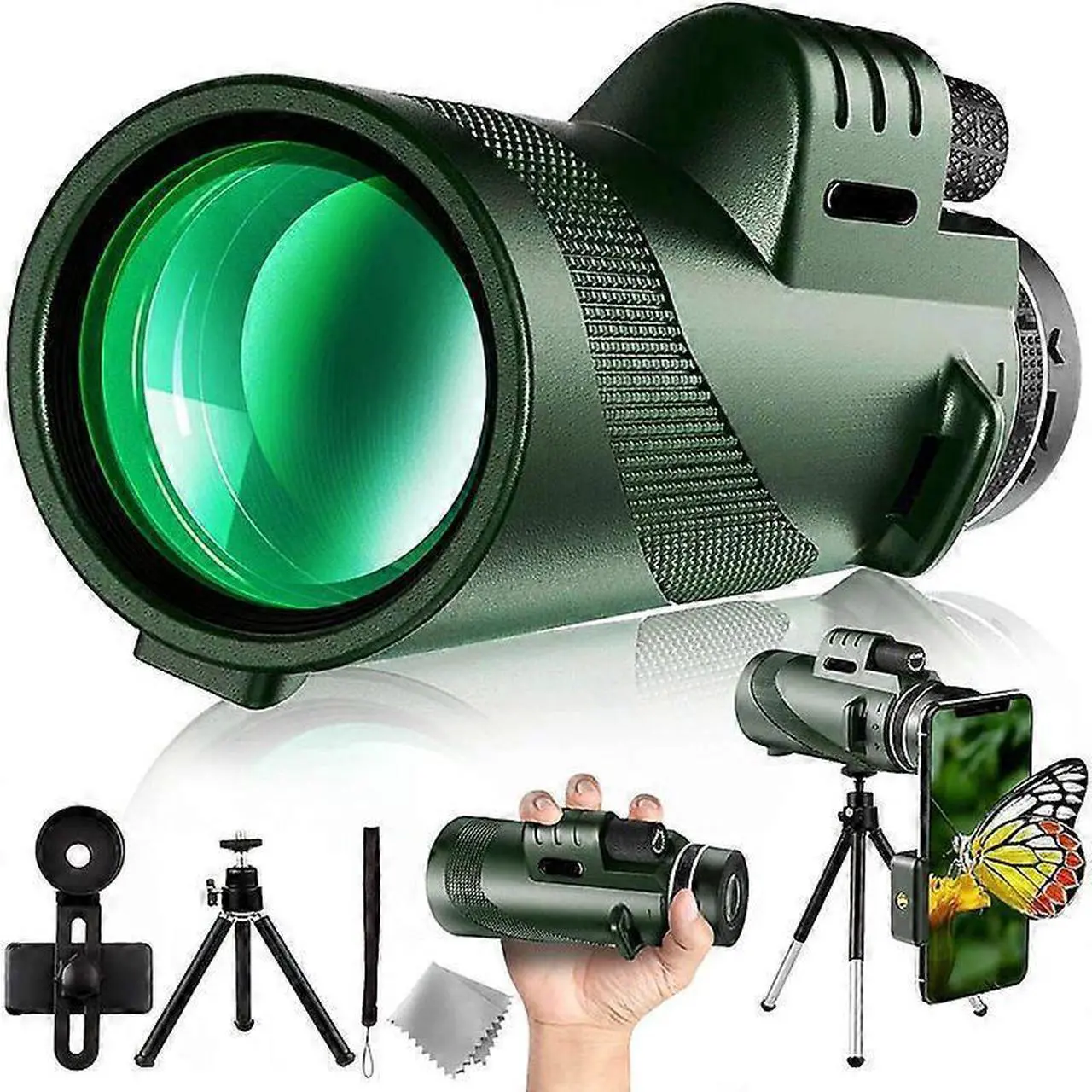 Professional High Grade 4k Monocular with Mobile Holder & Tripod - Military Grade Waterproof Monocular Green