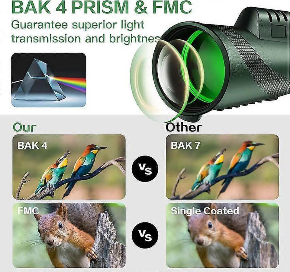 Professional High Grade 4k Monocular with Mobile Holder & Tripod - Military Grade Waterproof Monocular Green