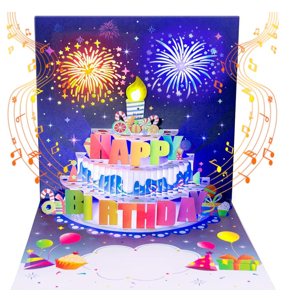 3D Musical Birthday Pop-Up Card with LED Lights, Blow-Out Candle & Free Banner