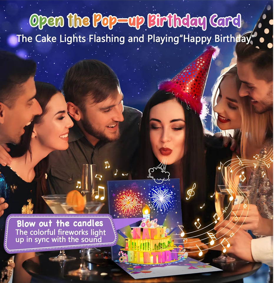 3D Musical Birthday Pop-Up Card with LED Lights, Blow-Out Candle & Free Banner