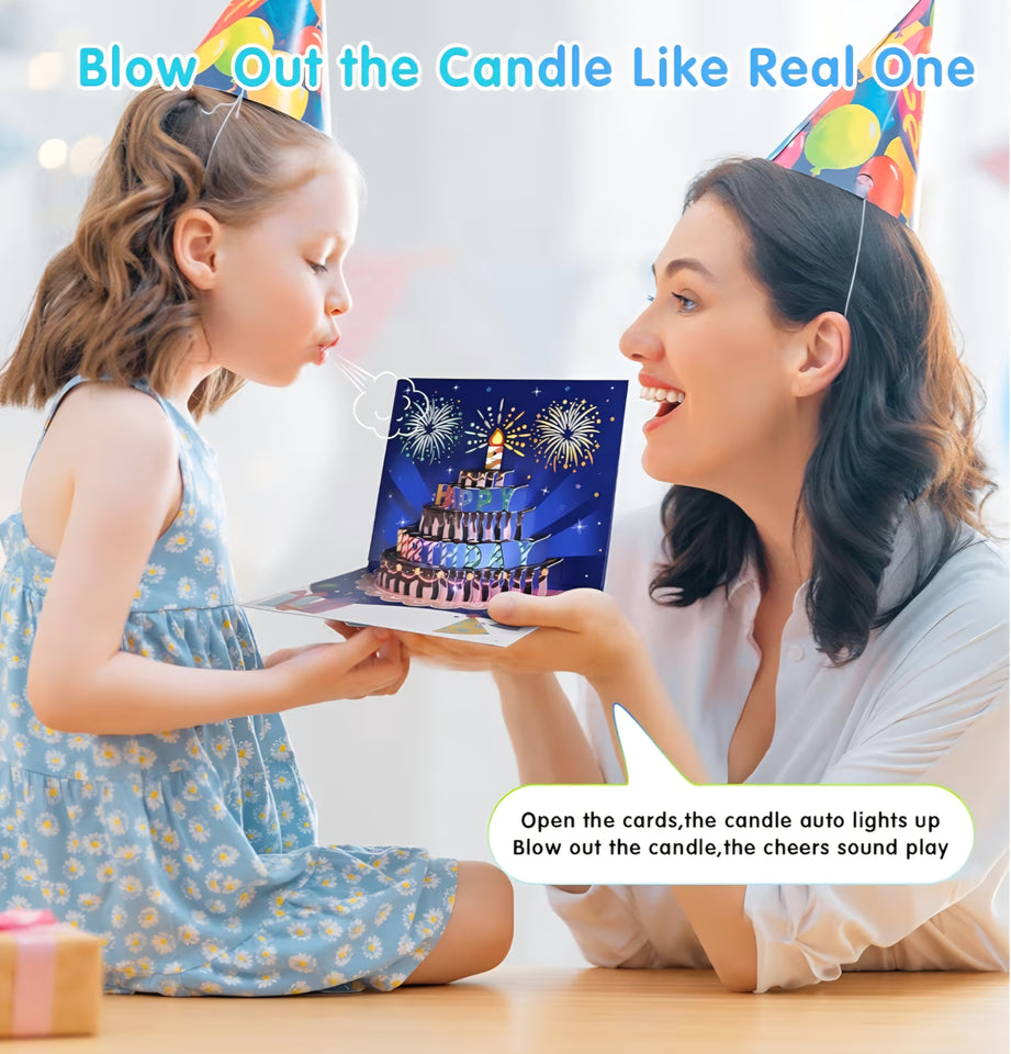 3D Musical Birthday Pop-Up Card with LED Lights, Blow-Out Candle & Free Banner