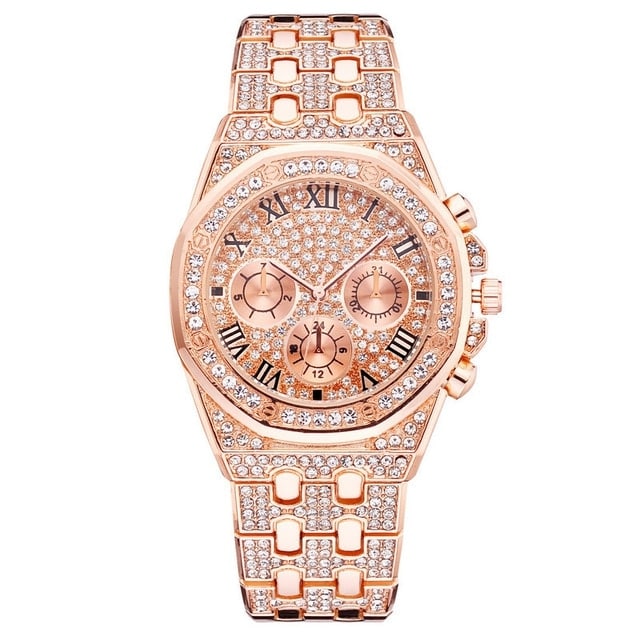 Relogio Masculino Luxury Full Diamond Gold Stainless Steel Quartz Wristwatch