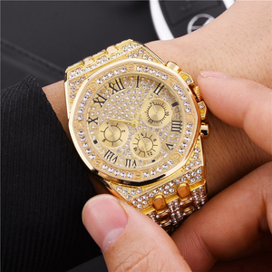 Relogio Masculino Luxury Full Diamond Gold Stainless Steel Quartz Wristwatch