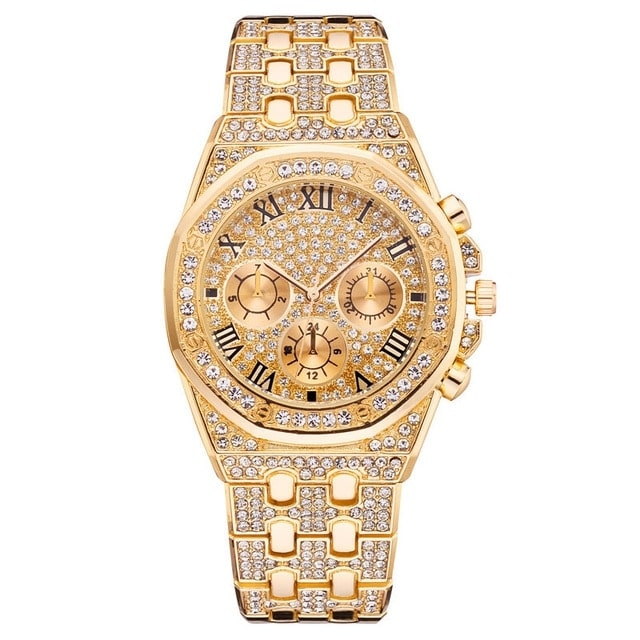 Relogio Masculino Luxury Full Diamond Gold Stainless Steel Quartz Wristwatch