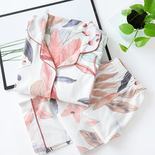 Load image into Gallery viewer, Women Long Sleeve Nightwear Autumn 100% Cotton Knitted Pajama Set Turn-Down Collar Leaves Printing Pajamas Loungewear Sleepwear
