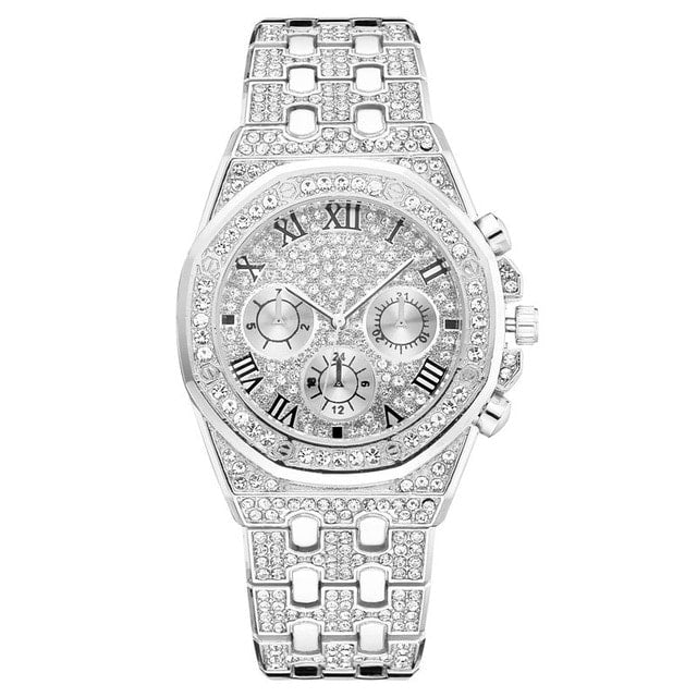 Relogio Masculino Luxury Full Diamond Gold Stainless Steel Quartz Wristwatch