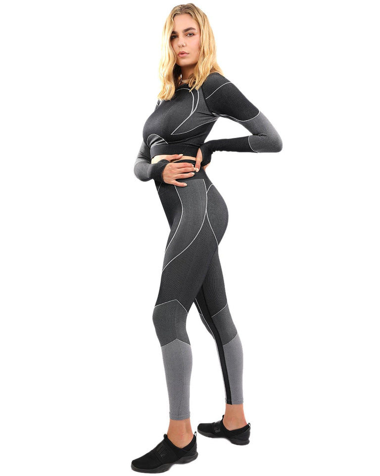 Escolta Seamless Legging & Sports Top Set - Black & Charcoal Grey