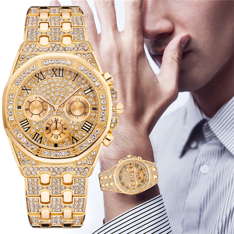 Relogio Masculino Luxury Full Diamond Gold Stainless Steel Quartz Wristwatch