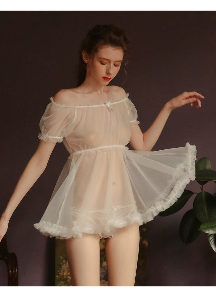 Women Sheer Stars Ultra-Thin Gauze Ruffles Off Shoulder Sleeve Tops Shorts Leg Ring Underwear Set Temptation Sexy Pajamas