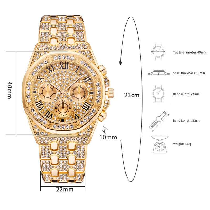 Relogio Masculino Luxury Full Diamond Gold Stainless Steel Quartz Wristwatch