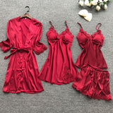 Summer New 4 Pcs Set Women Pyjama Satin High Quality Lace Sexy Sleepwear With Chest Pad Pajamas