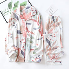 Load image into Gallery viewer, Women Long Sleeve Nightwear Autumn 100% Cotton Knitted Pajama Set Turn-Down Collar Leaves Printing Pajamas Loungewear Sleepwear

