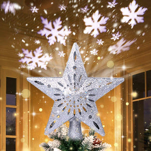 Christmas Tree Top Light Star with LED Projector Lights for Christmas Holiday Party Decoration-Silver