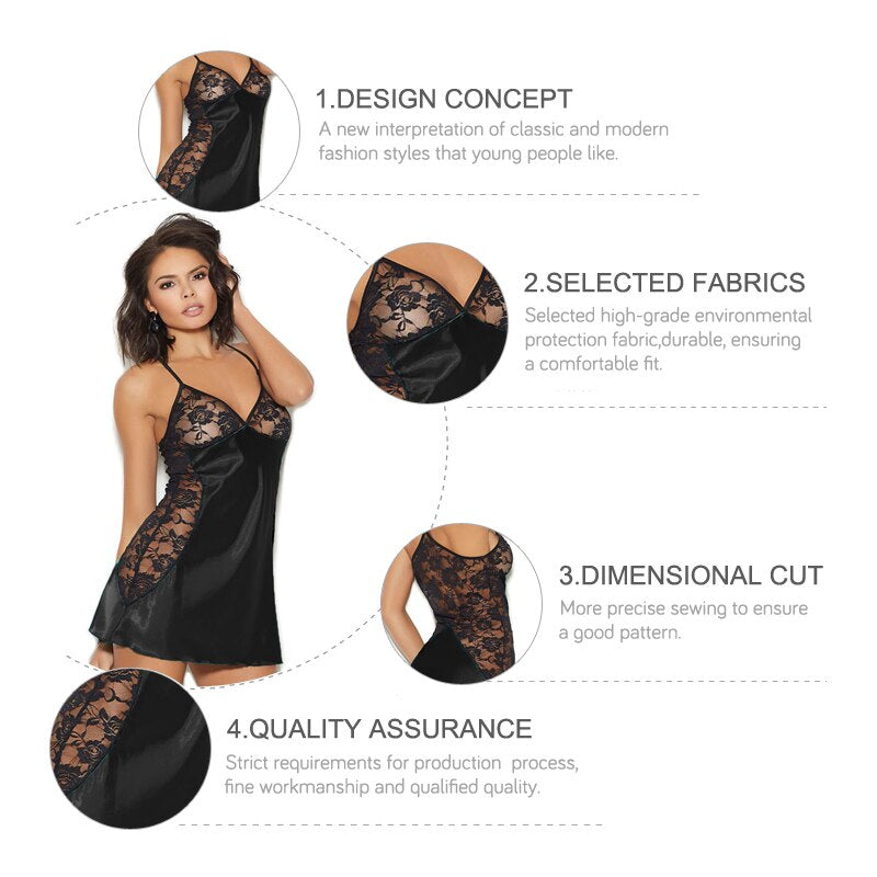 2021 Sexy V-Neck Lingerie Night Dress Sleeveless Ladies Satin Nightgown See Through Lace Sleepwear Nightwear for Women