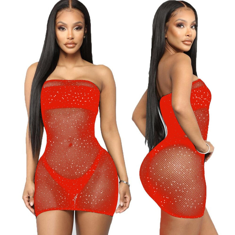 Sheer Mesh Nightdress Lingerie Clubwear Sexy Women Nightgrown See Through Strapless Mini Dress Female Elasticity Homewear