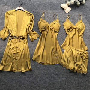 Summer New 4 Pcs Set Women Pyjama Satin High Quality Lace Sexy Sleepwear With Chest Pad Pajamas