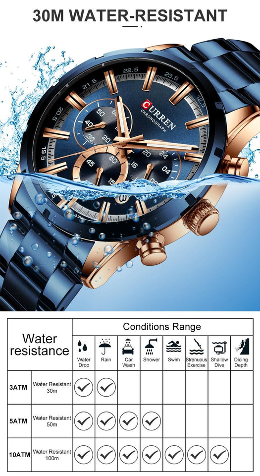 Curran Luxury Sports Quartz Men's Watch - Full Steel Waterproof Chronograph Wristwatch - Theshinemart