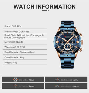 Curran Luxury Sports Quartz Men's Watch - Full Steel Waterproof Chronograph Wristwatch - Theshinemart