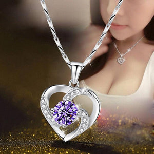 Crystal Heart Necklace - 925 Sterling Silver Pendant CZ Crystal