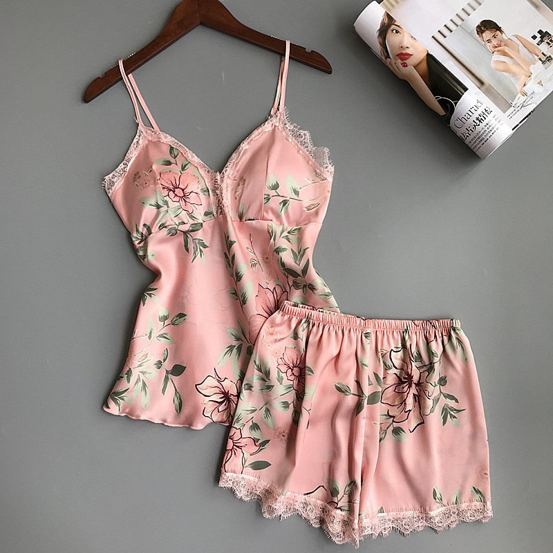 Spaghetti Strap  Printing  Lace Sexy Women Pajamas V-Neck With Pad Female Summer Pajama Set Summer Fashion Female Sleepwear