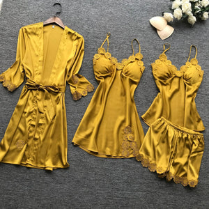 Summer New 4 Pcs Set Women Pyjama Satin High Quality Lace Sexy Sleepwear With Chest Pad Pajamas