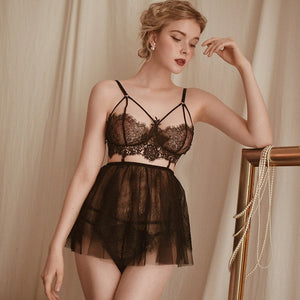 Sexy Lingerie Female Winter Water Soluble Floating Flower Eyelash Lace Perspective Temptation Sling Nightgown Sleepwear