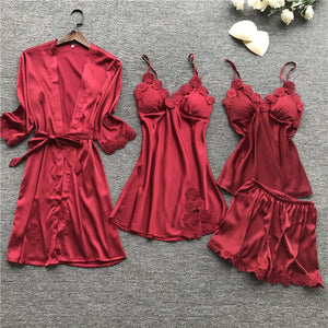 Summer New 4 Pcs Set Women Pyjama Satin High Quality Lace Sexy Sleepwear With Chest Pad Pajamas