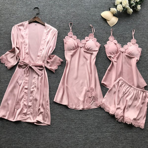 Summer New 4 Pcs Set Women Pyjama Satin High Quality Lace Sexy Sleepwear With Chest Pad Pajamas