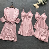 Summer New 4 Pcs Set Women Pyjama Satin High Quality Lace Sexy Sleepwear With Chest Pad Pajamas