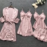 Summer New 4 Pcs Set Women Pyjama Satin High Quality Lace Sexy Sleepwear With Chest Pad Pajamas