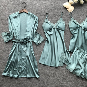 Summer New 4 Pcs Set Women Pyjama Satin High Quality Lace Sexy Sleepwear With Chest Pad Pajamas