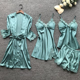 Summer New 4 Pcs Set Women Pyjama Satin High Quality Lace Sexy Sleepwear With Chest Pad Pajamas