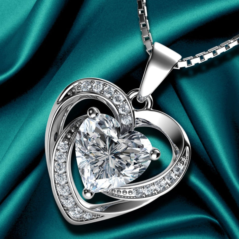 White Heart Necklace - 925 Sterling Silver Pendant CZ Crystal