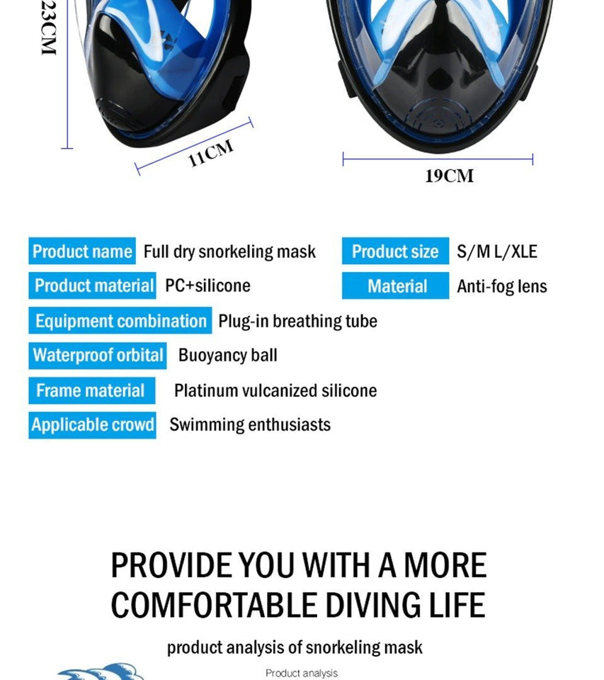 Snorkel Mask - Full Face Anti Fog Underwater Scuba Diving Mask